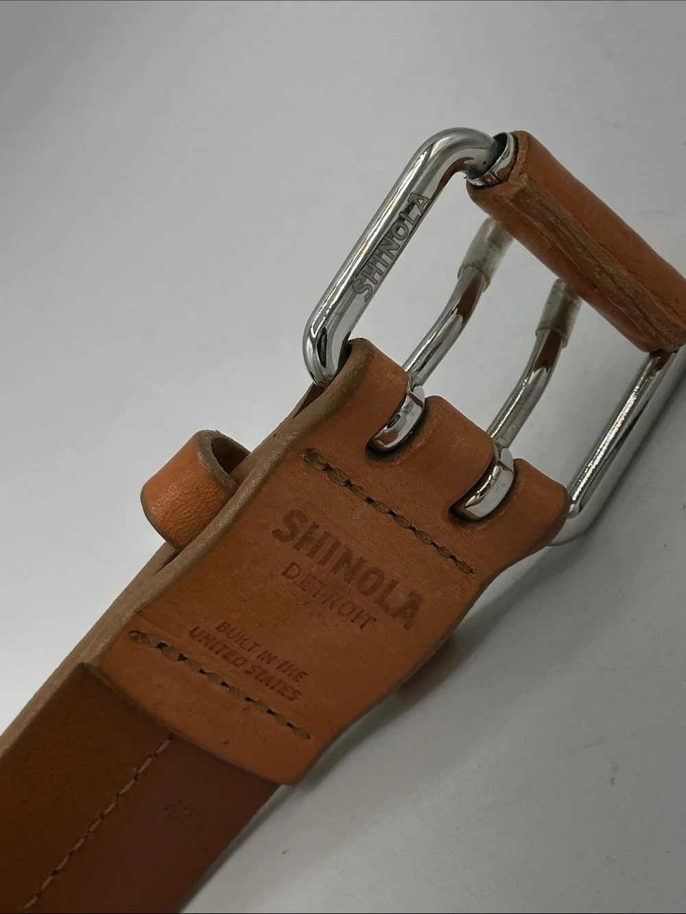 Shinola Detroit rare two-prong tan leather belt, size 42